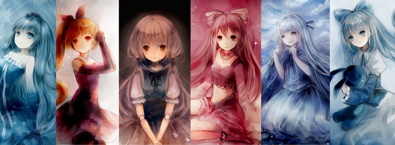 pink, original, orange, blue, 2K, hair, red, ponytail, brown, long, tears, eyes, hanchan, dualscreen, dress, crying, puppet