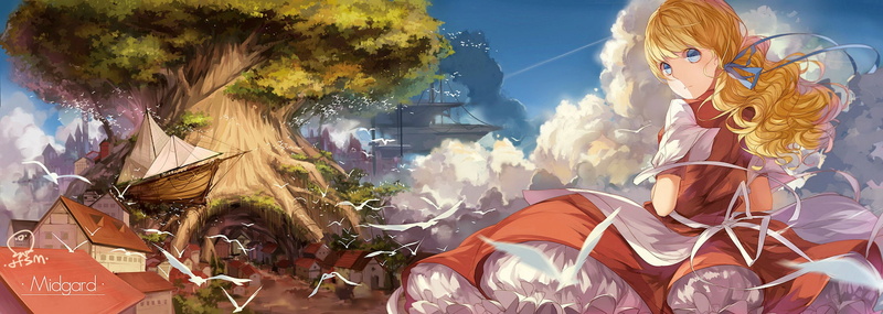 eyes, 1080P, blue, blonde, bird, dualscreen, boat, dress, animal, long, hair, building, clouds