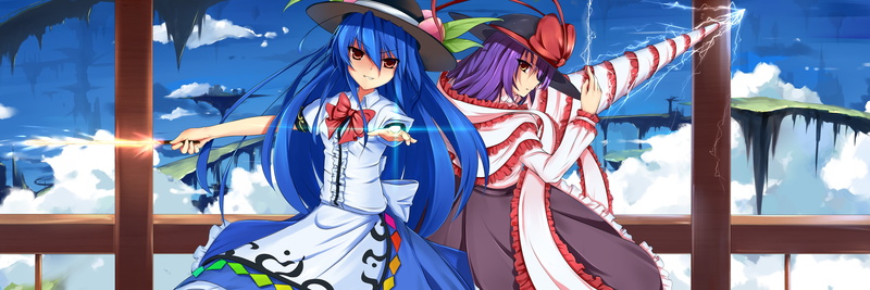dualscreen, touhou, 4K, blue, purple, hinanawi, iku, haraguroi, long, tenshi, eyes, dress, hat, yellow, hair, nagae, bow