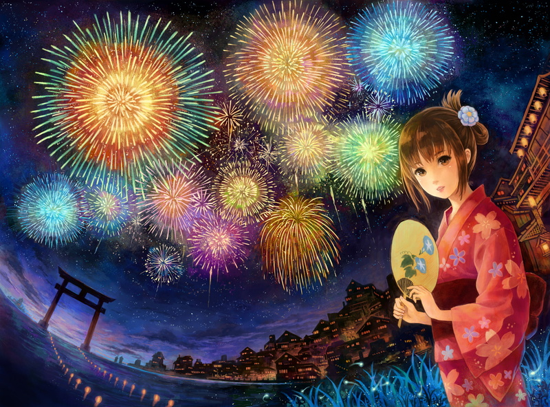 clothes, 1080P, eyes, japanese, night, grass, water, yukata, hair, original, sky, kemi, fireworks, stars, fan, neko, city, brown