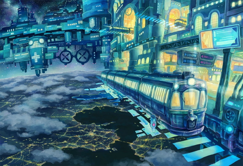 kemi, train, night, city, stars, clouds, neko, scenic, 720P, original