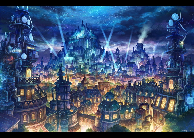 konachan, nobody, com, signed, sky, 247792, stairs, night, neko, stars, clouds, city, building, 720P, original, kemi, magic