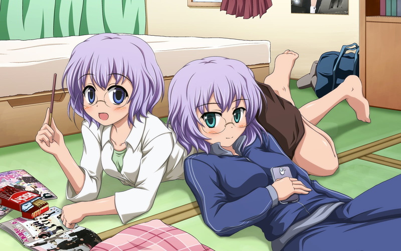 teenager, relaxation, 720P, indoors, white hair, sitting, representation, lifestyles, Yuru Yuri, girls, Chizuro Ikeda, real people, glasses, childhood
