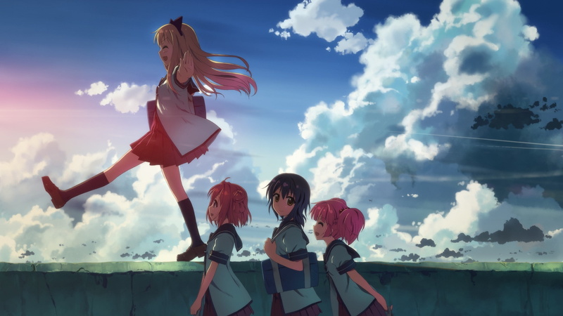anime, anime girls, Toshinou Kyouko, clouds, Kyoko Toshino, Yoshikawa Chinatsu, 2K, school uniform, Akaza Akari, Funami Yui, Yuru Yuri, sky