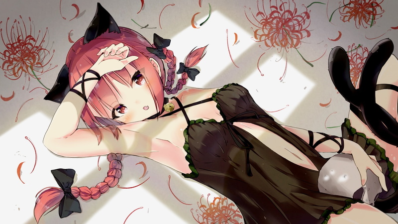 animal, com, ears, eyes, rin, fang, (artist), catgirl, navel, kaenbyou, hair, konachan, tagme, red, touhou, long, braids, tail, 1080P, skull, flowers