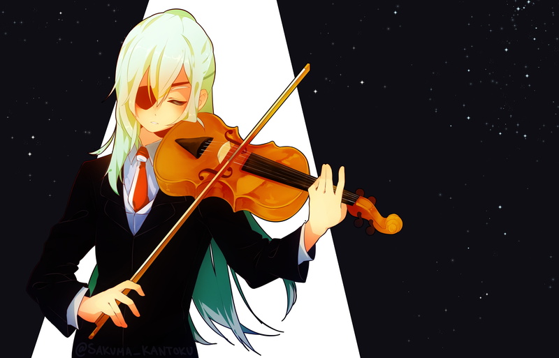 real people, sakuma jirou, performance, eyepatch, Anime, 4K, standing, musical equipment, musical instrument, front view, one person, skill, violinist