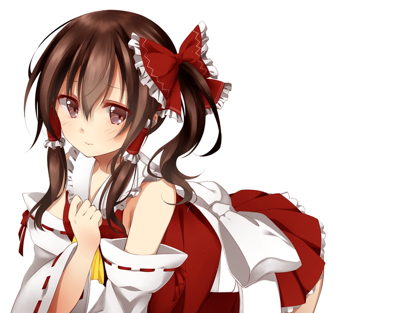 indoors, 2K, young women, reimu, skirt, artist, real people, lifestyles, one person, headshot, fashion, front view, hairstyle, Touhou, ponytail, women