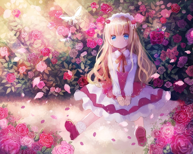 konachan, 259994, eyes, flowers, rose, fashion, hair, com, long, aqua, original, loli, blonde, kohaku, muro, lolita, butterfly, headdress, 1080P