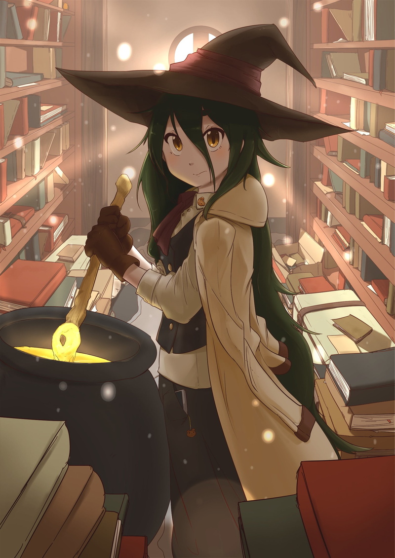 brown eyes, green hair, books, anime girls, witch, witch hat, 1080P, anime, long hair
