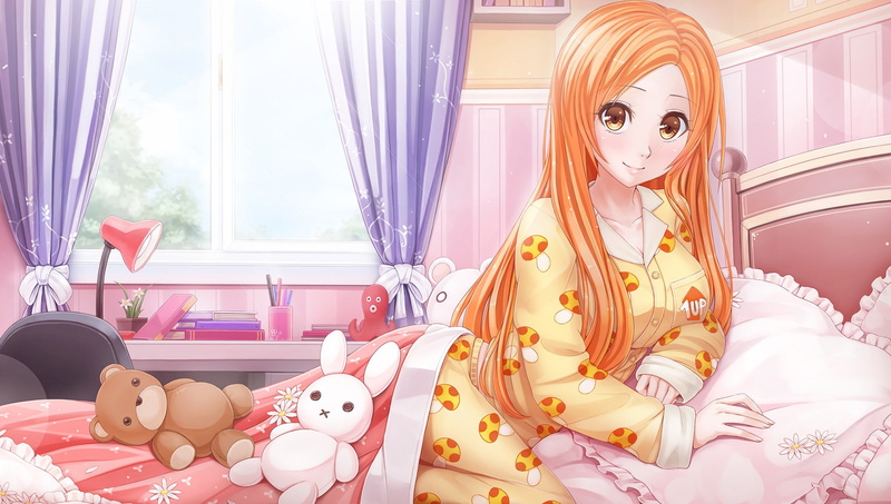 Bleach, redhead, teddy bears, anime girls, 1080P, Inoue Orihime, orange eyes, long hair, books, anime, cleavage, bed
