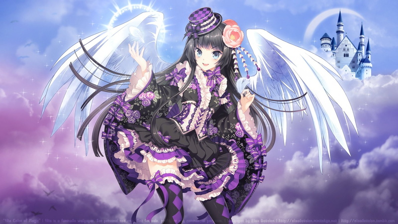 eyes, 1080P, long, thighhighs, fashion, hair, original, black, feathers, ribbons, hat, watermark, blue, lolita, wings, nardack