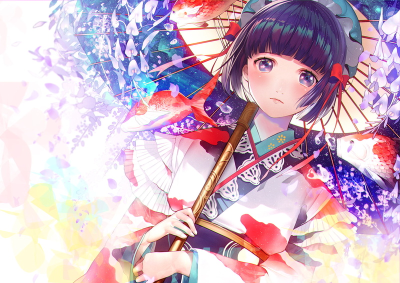 hair, bow, eyes, fish, japanese, purple, animal, com, 260408, clothes, fashion, tagme, 720P, umbrella, short, konachan, headdress, ribbons, original, kimono