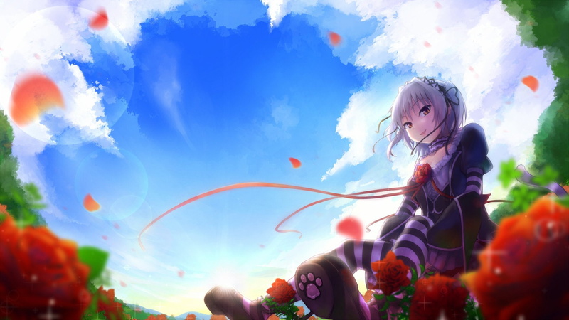 fashion, hair, lolita, ribbons, flowers, 1080P, petals, brown, maia, fang, goth loli, eyes, short, naitou, hapymaher, gray, rose, clouds