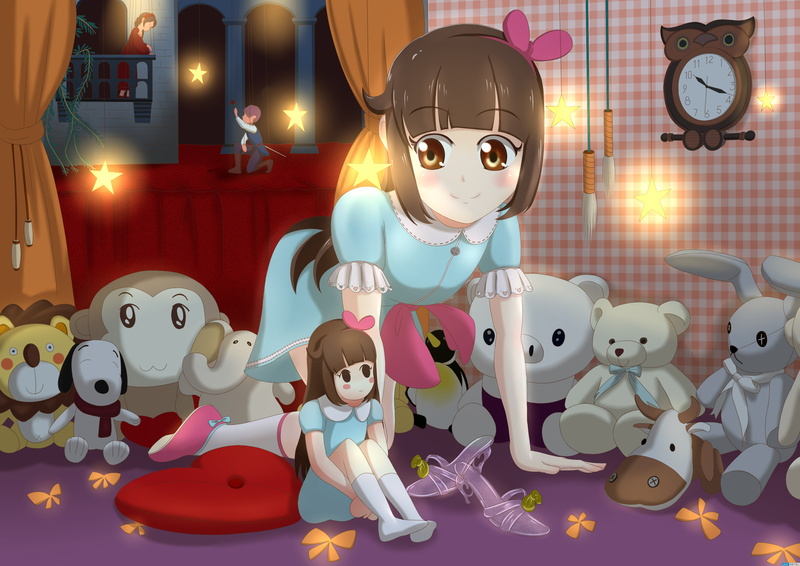original, kneehighs, eyes, brown, bow, loli, teddy, 2K, tagme, ribbons, headband, bed, doll, long, bear, hair, heli kotohime