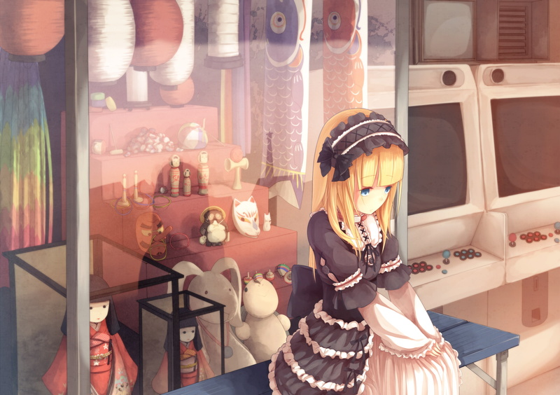 hair, dararito, dress, mask, goth loli, bear, headdress, game, lolita, doll, console, fashion, 1080P, original, eyes, teddy, blonde, bow, blue
