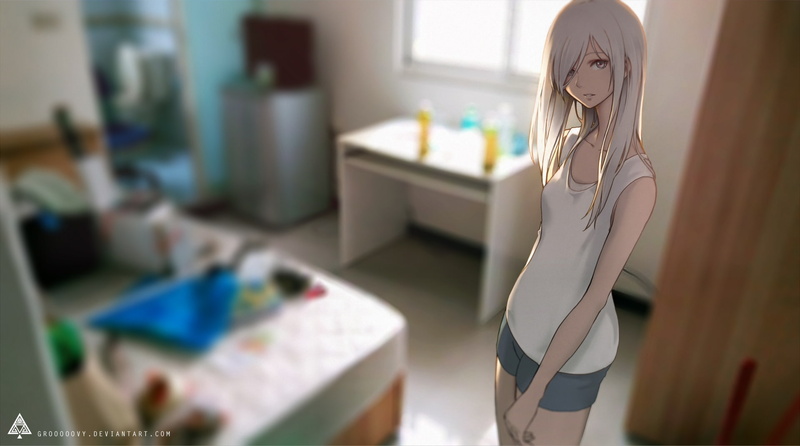 clothing, home interior, domestic room, indoors, original characters, one person, women, 1080P, adult, hair, day, three quarter length, human representation