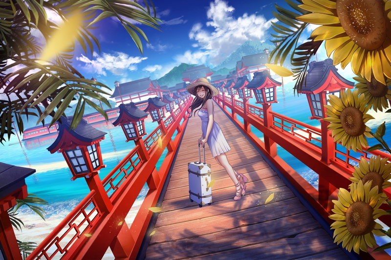 water, dress, sky, beach, clouds, anime girls, anime, sunflowers, long hair, hat, 1080P, flowers