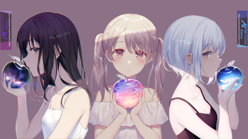 Blue Hair, Apple, Blue Eyes, White Dress, White Hair, Short Hair, Anime, Twintails, Pink Eyes, Long Hair, Girl, 1080P, Original, Black Hair
