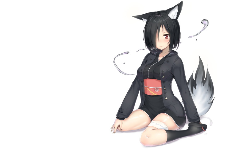tail, black hair, 1080P, knee-highs, short hair, brown eyes, Japanese clothes, white  background, animal ears