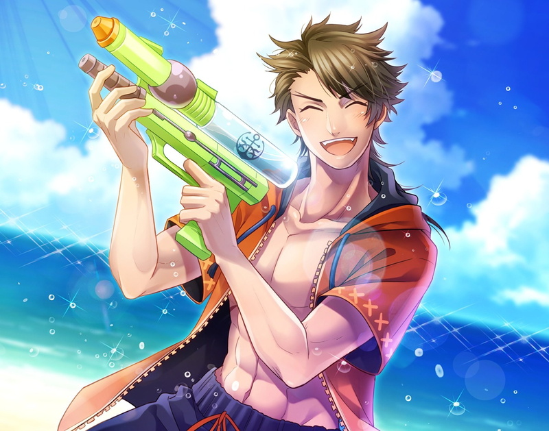 male, mutsu-no-kami, water, yoshiyuki, beach, fang, summer, open, waifu2x, shirt, brown, swimsuit, 720P, ranbu, clouds, touken, sky, hair, navel, holiday