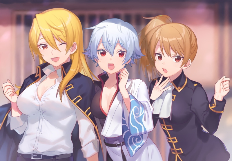 breasts, gintama, blonde, shirt, 248633, uniform, ponytail, hair, 720P, red, brown, com, short, eyes, cleavage, wink, waifu2x, genderswap, okita, gray