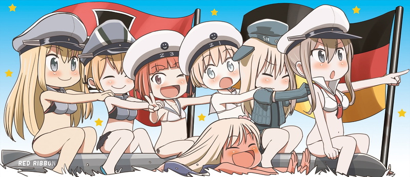 u-511, (kancolle), bikini, chibi, swimsuit, anthropomorphism, brown, long, 1080P, group, breasts, hair, wink, 240406, com, navel, waifu2x, short, konachan