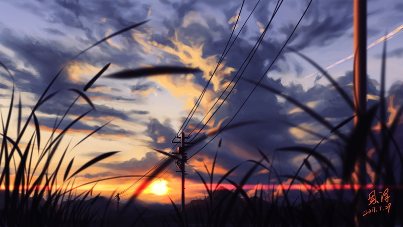 sky, scenic, waifu2x, signed, original, xiaobanbei, nobody, clouds, konachan, sunset, 247394, 1080P, com, milk