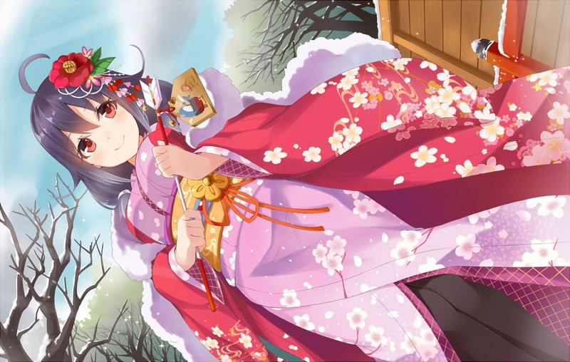 eyes, pantyhose, yukata, japanese, purple, sky, red, flowers, tree, snow, waifu2x, headdress, blush, 720P, clothes, collection, long, winter, hair, kantai