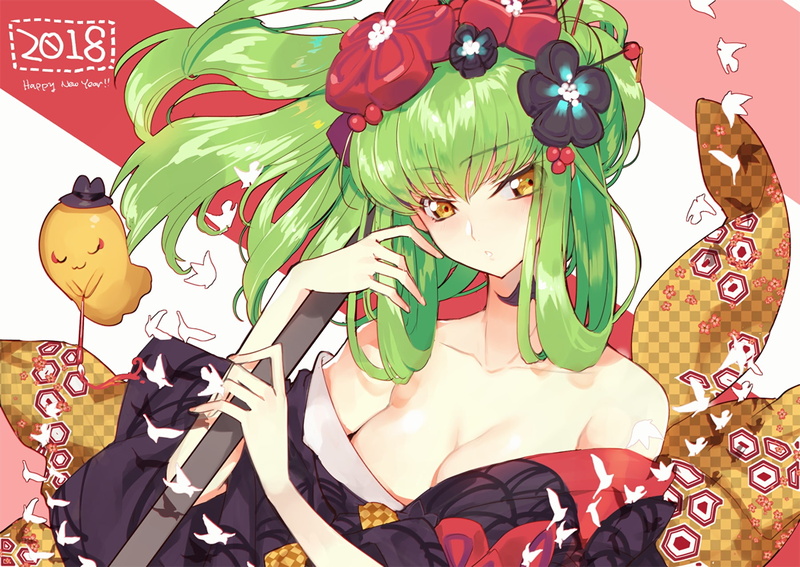 eyes, clothes, konachan, geass, waifu2x, com, code, green, cleavage, 257962, japanese, hair, yellow, long, breasts, rangetsu, 720P