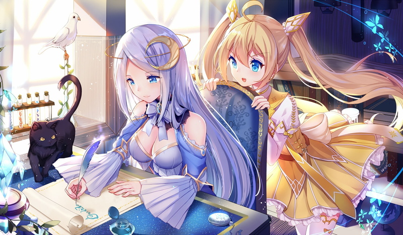 1080P, original, cat, blonde, book, hair, waifu2x, long, 2girls, bird, aqua, com, eyes, paper, konachan, animal, twintails, bisonbison, 240351, butterfly