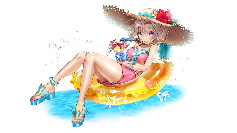 fruit, short, sunglasses, cherry, purple, 1080P, noatopia, eyes, swimsuit, waifu2x, swim, hair, hat, flowers, water, ring, photoshop, bikini, drink, food
