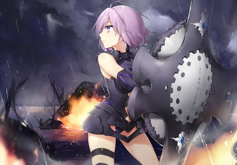 waifu2x, gloves, clouds, shiao, purple, fate, armor, rain, sky, fire, hair, dress, water, konachan, elbow, (series), garter, eyes, order, grand, short