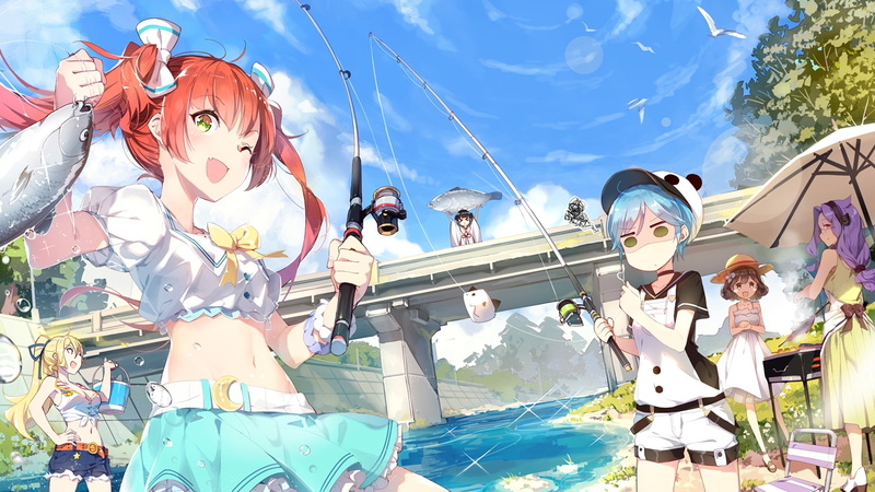 twintails, nora, navel, sky, shorts, pink, eyes, 246650, animal, group, dress, fang, konachan, food, breasts, com, bubbles, hat, bow, fish, moon, ponytail