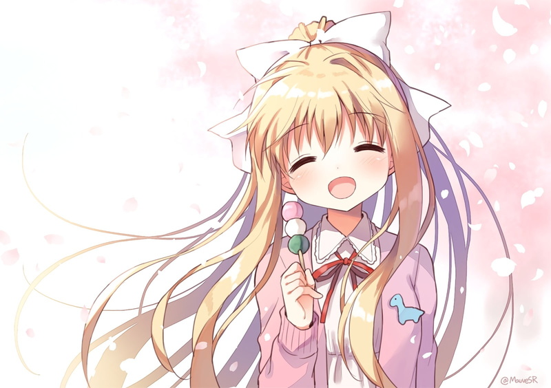 720P, air, 240230, signed, konachan, blush, bow, kamio, waifu2x, hair, blonde, com, misuzu, long, ponytail, ribbons, petals, food, mauve