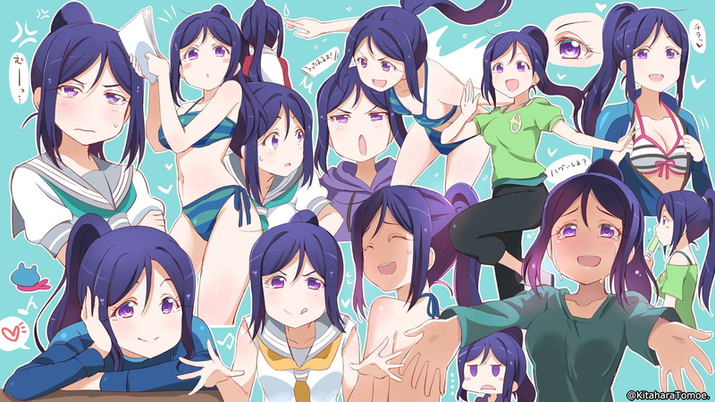 com, paper, open, tears, navel, 236249, breasts, konachan, 1080P, shirt, bodysuit, long, swimsuit, seifuku, bikini, hair, blue, crying, popsicle, cleavage