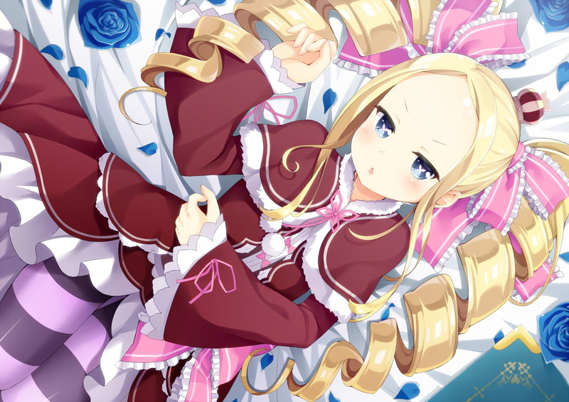 maccha, petals, flowers, blonde, loli, cape, 720P, 251600, twintails, long, eyes, konachan, com, pantyhose, blue, (re-zero), rose, beatrice, waifu2x, hair