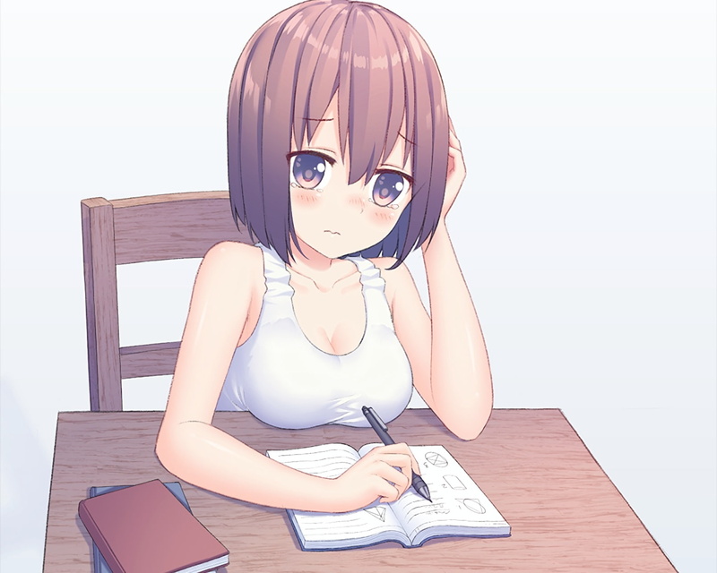 waifu2x, (artist), book, breasts, hair, eyes, cropped, tagme, 252090, 720P, original, cleavage, com, short, tears, blush, brown, konachan