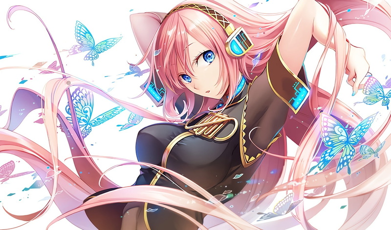 hair, luka, konachan, 250277, maro, megurine, waifu2x, com, 720P, butterfly, long, pink, eyes, headphones, breasts, vocaloid, (nikeneko523), blue