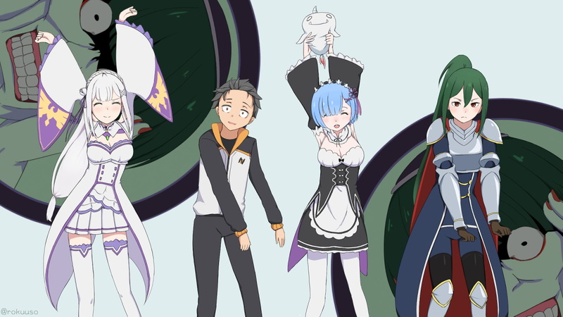 Natsuki Subaru, human representation, mannequin, studio shot, fashion, anime, anime girls, four, crossover, front view, male likeness, clothing, looking at camera