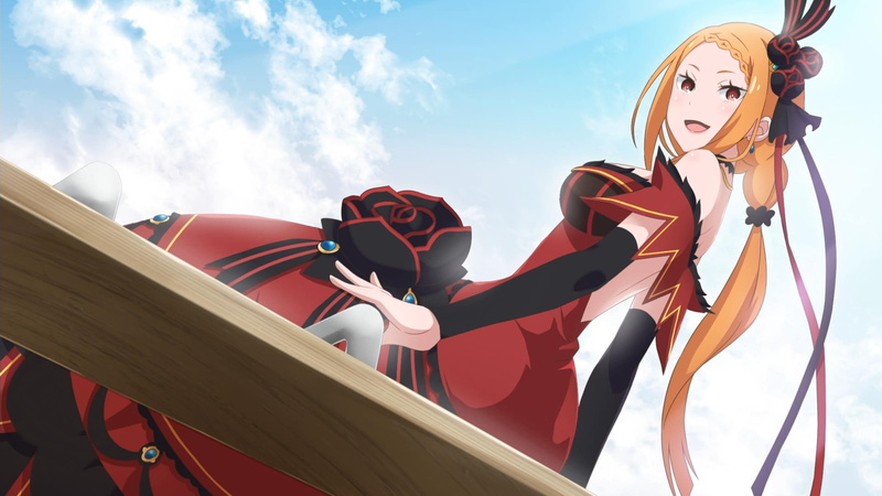 females, arts culture and entertainment, 1080P, re: zero, Anime, low angle view, red dress, day, young adult, cloud - sky, lifestyles, leisure activity