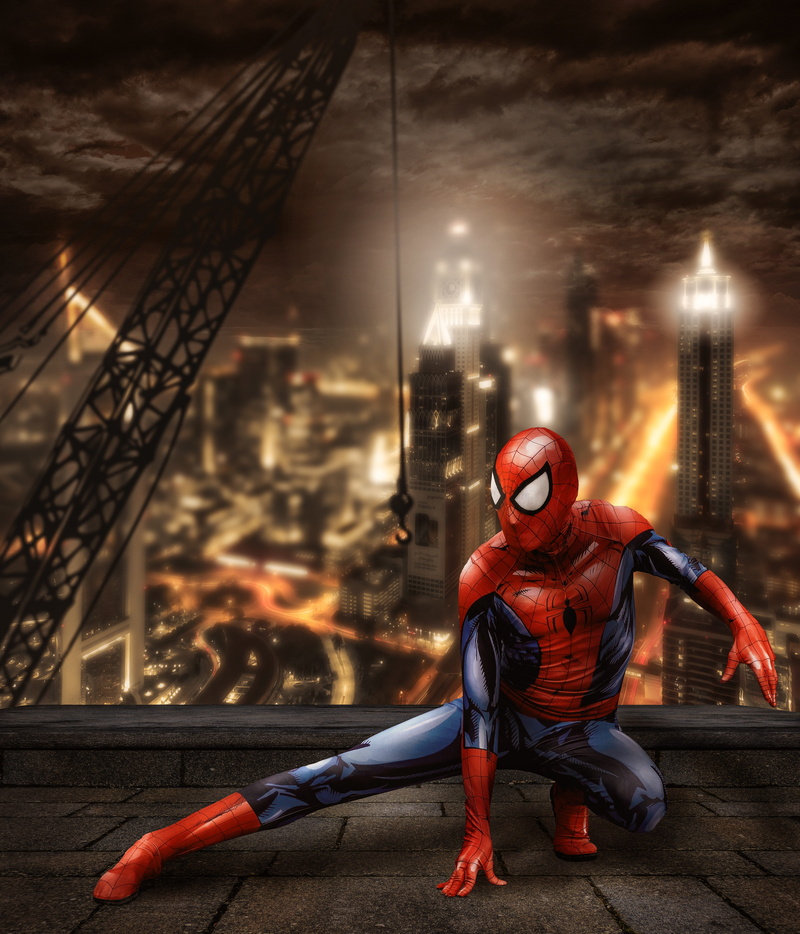 skyscrapers, crane, young adult, red, cartoon character, twilight, comic, women, photomontage, full length, built structure, lifestyles, building exterior