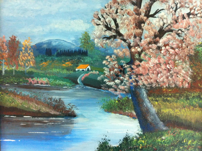 cottage, spring, painted, painting, kilo, 2K, house, river, saad, trees, nature, landscape, lake, tree, oil-painting