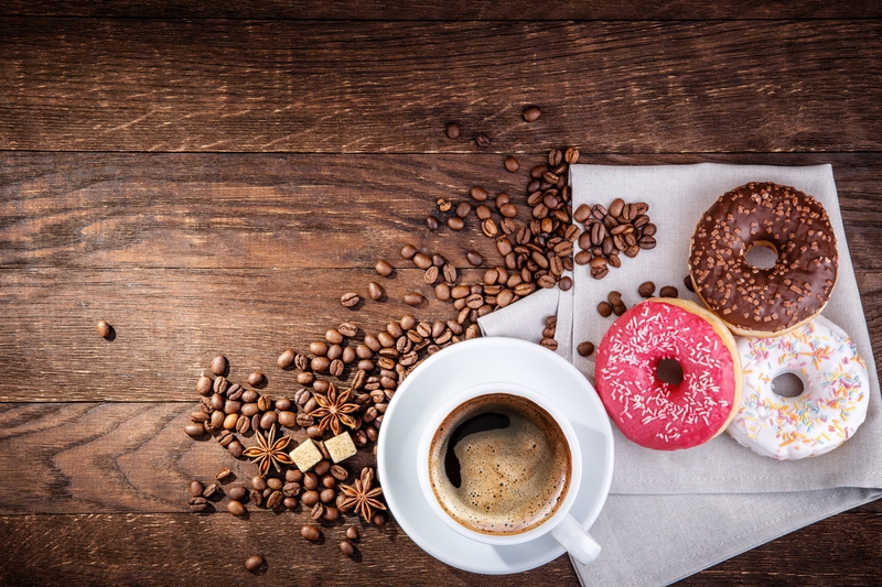 donuts, glaze, 4K, coffee, coffee beans, Anis