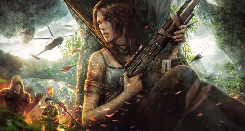 Lara Croft, tropics, front view, one person, fight, plant, arrows, 4K, animal wildlife, bow, artist, portrait, equipment, chase, transparent, women, price