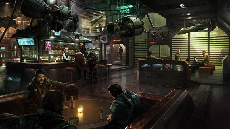 space spaceship star citizen bar digital art arccorp, real people, working, built structure, 1080P, technology, transportation, crowd, men, lighting equipment