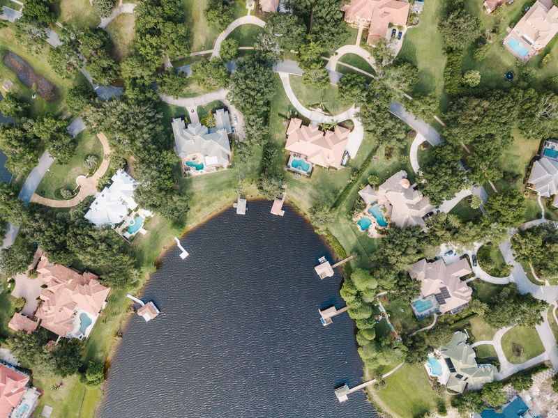 aerial view, day, high angle view, photography, 12917 water point blvd, terrace, 4K, growth, building exterior, lake, mansion, potted plant, group of animals