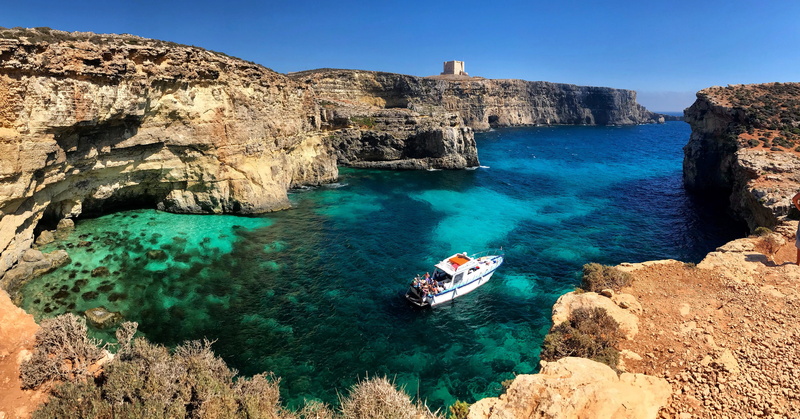 mode of transportation, 4K, rock, cliff, high angle view, beach, rock formation, comino, travel destinations, water, trekking, malta, no people, nautical vessel