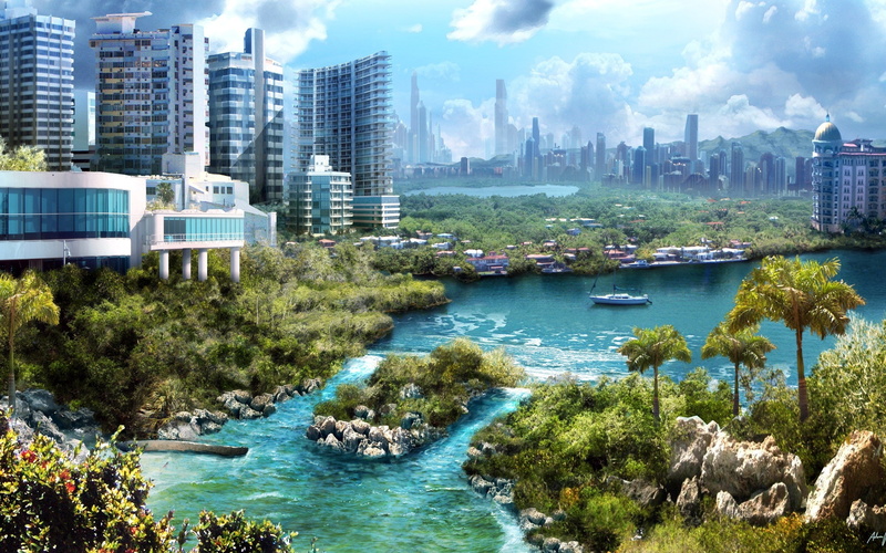 buildings, art, cityscapes, 2K, hd, Trees, Rivers, nature, yatch