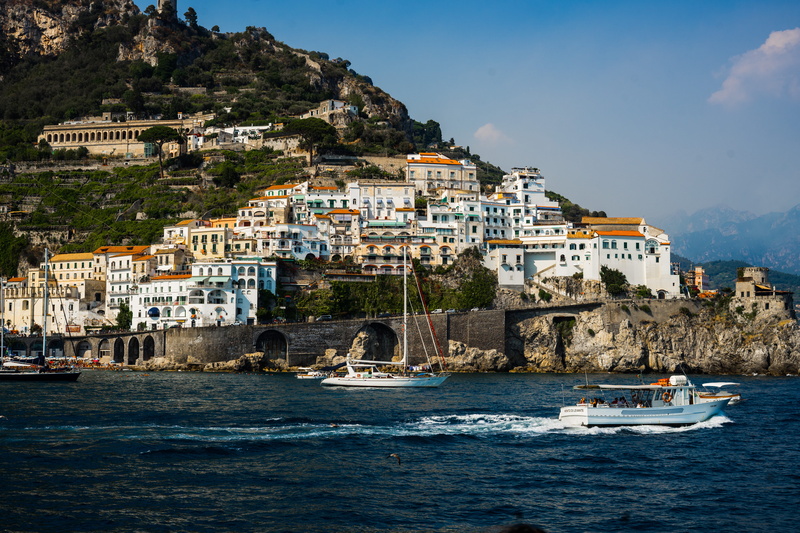 amalfi coast, sky, no people, water, town, mode of transportation, yacht, nature, sea, transportation, travel destinations, waterfront, 5K, sailing, coastline