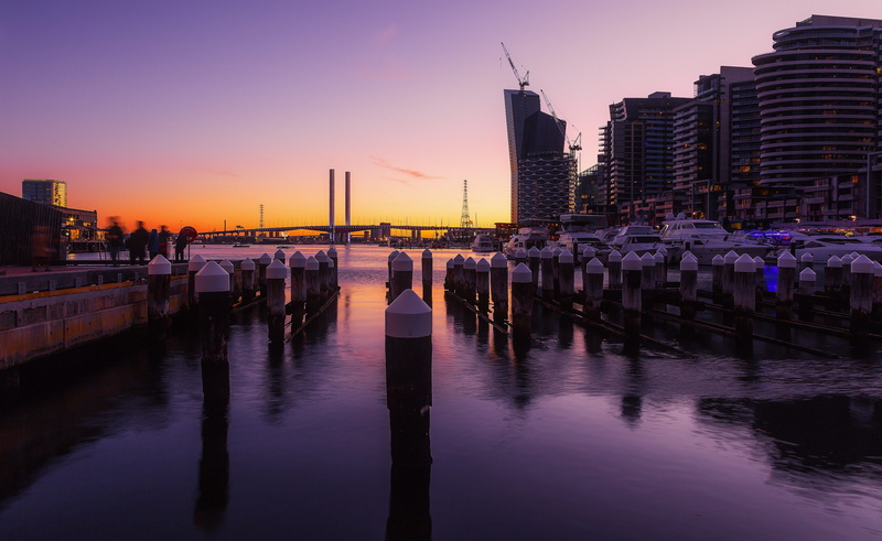 boats, mode of transportation, canal, evening, transportation, skyscraper, landscape, urban skyline, no people, skyscrapers, buildings, illuminated, bridge